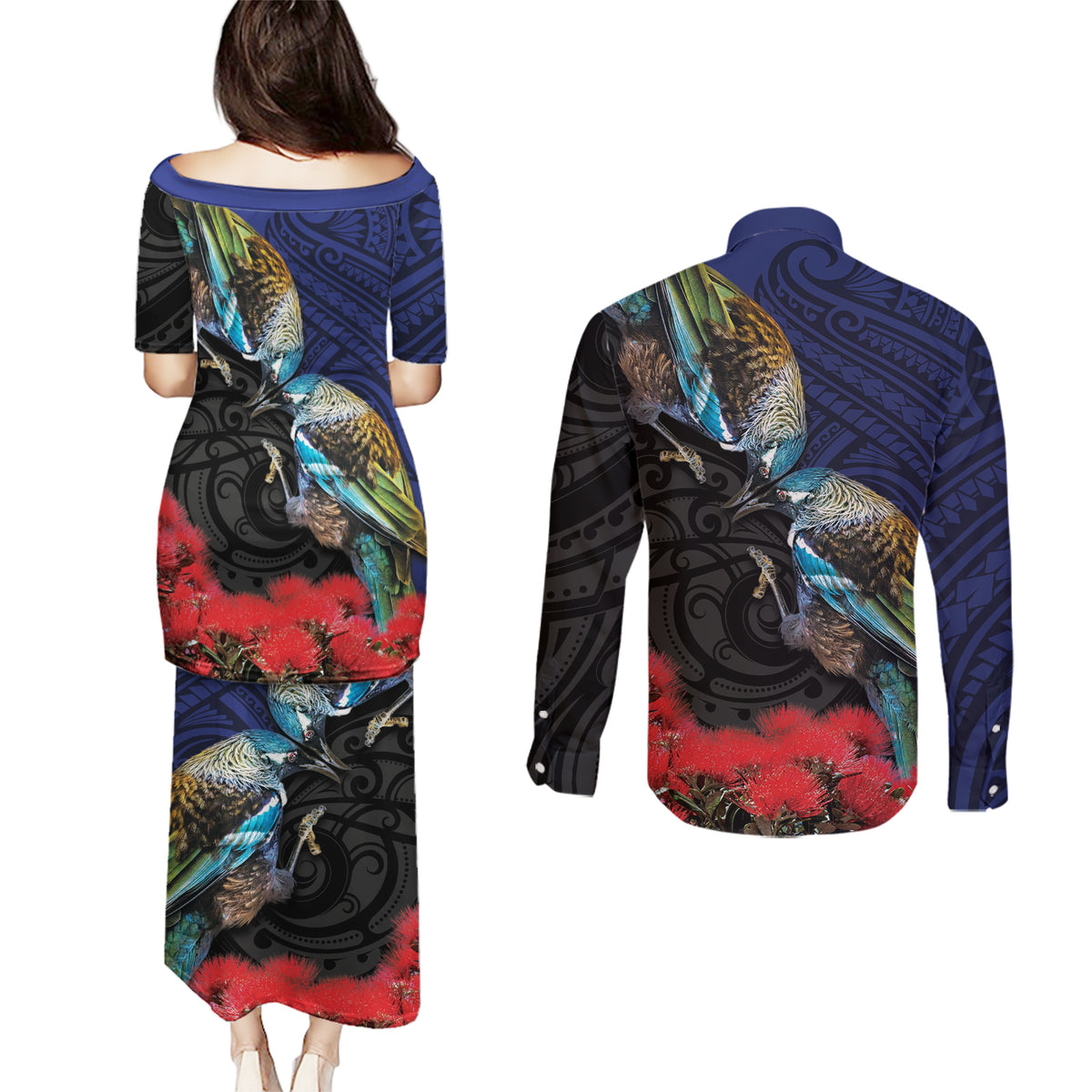 New Zealand Maori Hongi Culture Couples Matching Puletasi and Long Sleeve Button Shirt Tui Bird Pohutukawa and Polynesian Pattern LT03 - Polynesian Pride