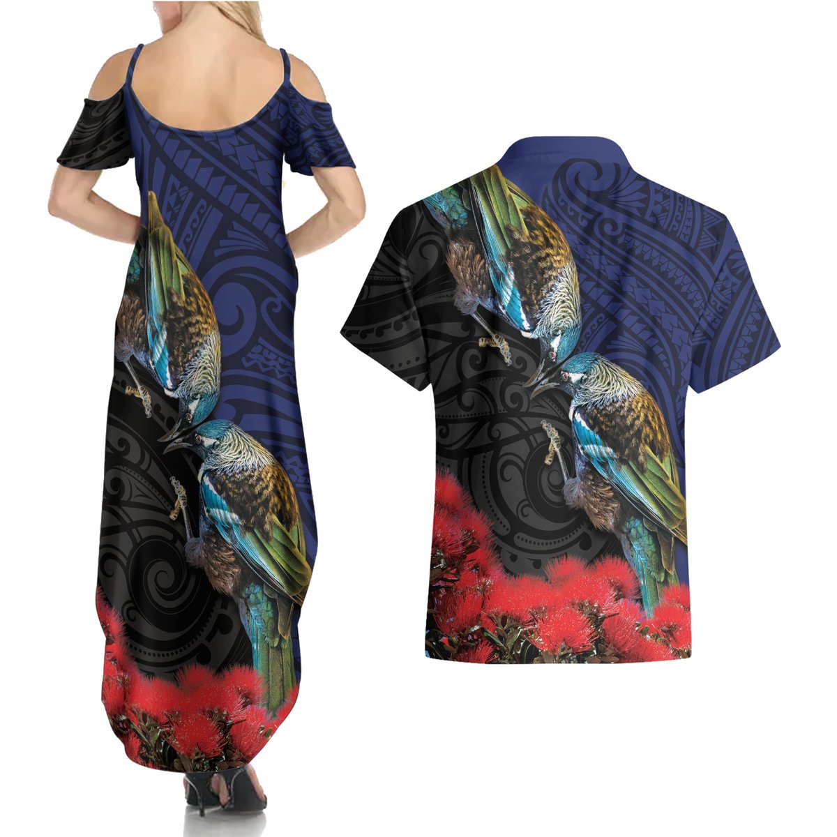 New Zealand Maori Hongi Culture Couples Matching Summer Maxi Dress and Hawaiian Shirt Tui Bird Pohutukawa and Polynesian Pattern LT03 - Polynesian Pride