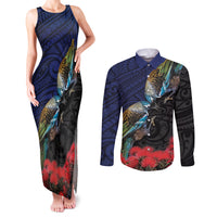 New Zealand Maori Hongi Culture Couples Matching Tank Maxi Dress and Long Sleeve Button Shirt Tui Bird Pohutukawa and Polynesian Pattern LT03 Blue - Polynesian Pride