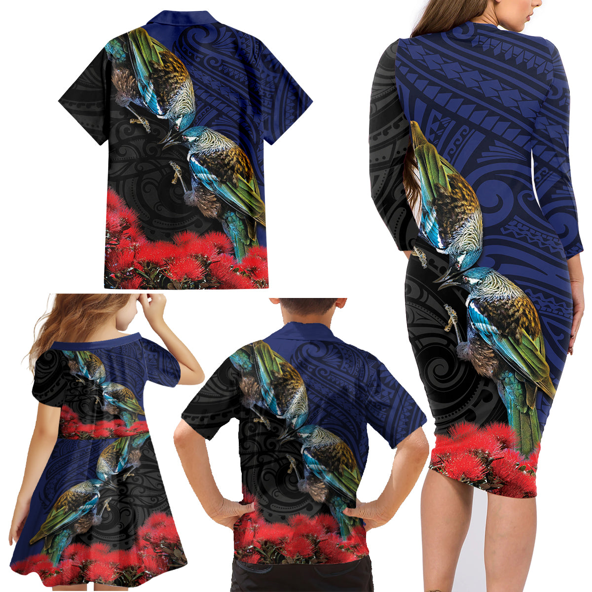 New Zealand Maori Hongi Culture Family Matching Long Sleeve Bodycon Dress and Hawaiian Shirt Tui Bird Pohutukawa and Polynesian Pattern LT03 - Polynesian Pride