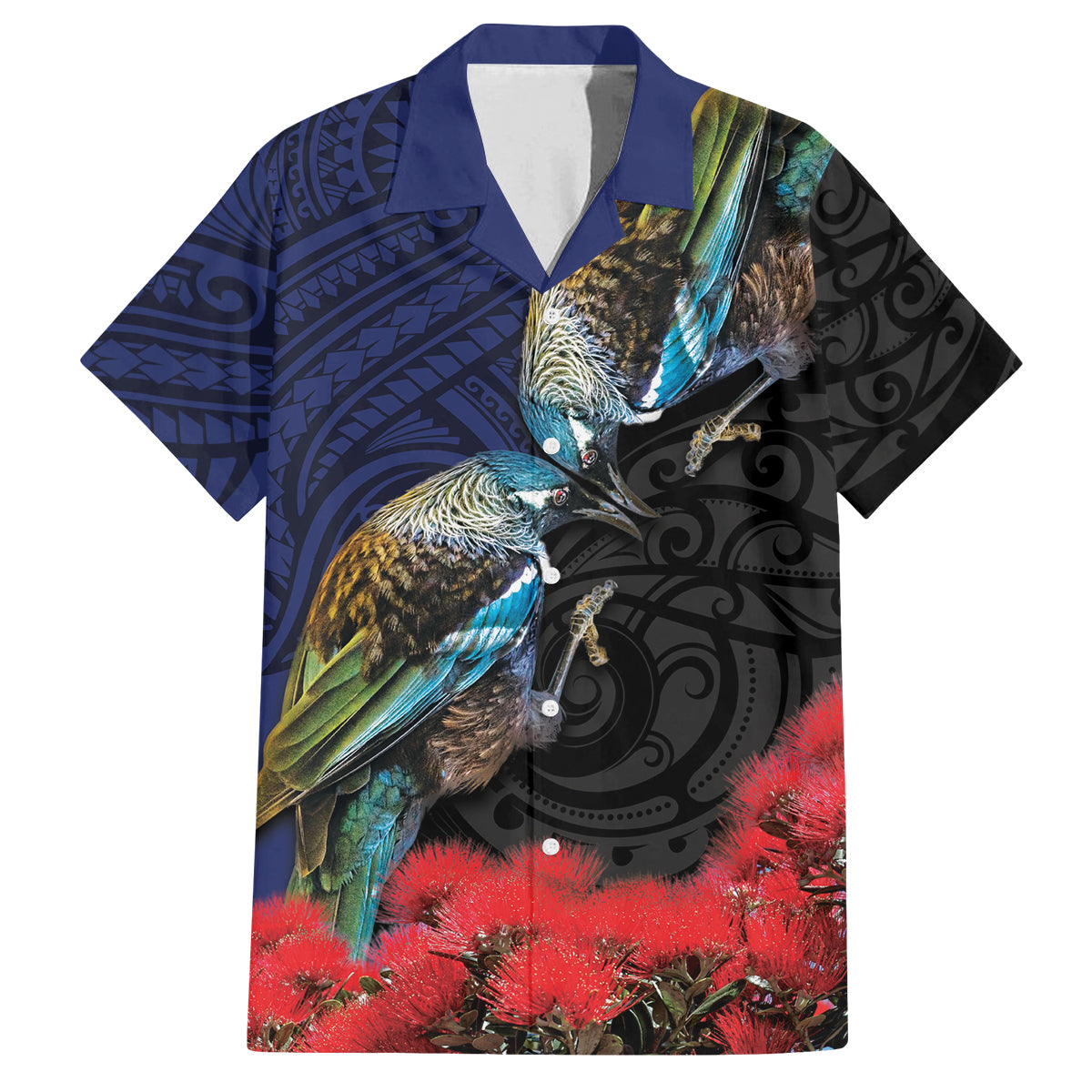 New Zealand Maori Hongi Culture Family Matching Long Sleeve Bodycon Dress and Hawaiian Shirt Tui Bird Pohutukawa and Polynesian Pattern LT03 Dad's Shirt - Short Sleeve Blue - Polynesian Pride