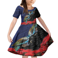 New Zealand Maori Hongi Culture Family Matching Mermaid Dress and Hawaiian Shirt Tui Bird Pohutukawa and Polynesian Pattern LT03 Daughter's Dress Blue - Polynesian Pride
