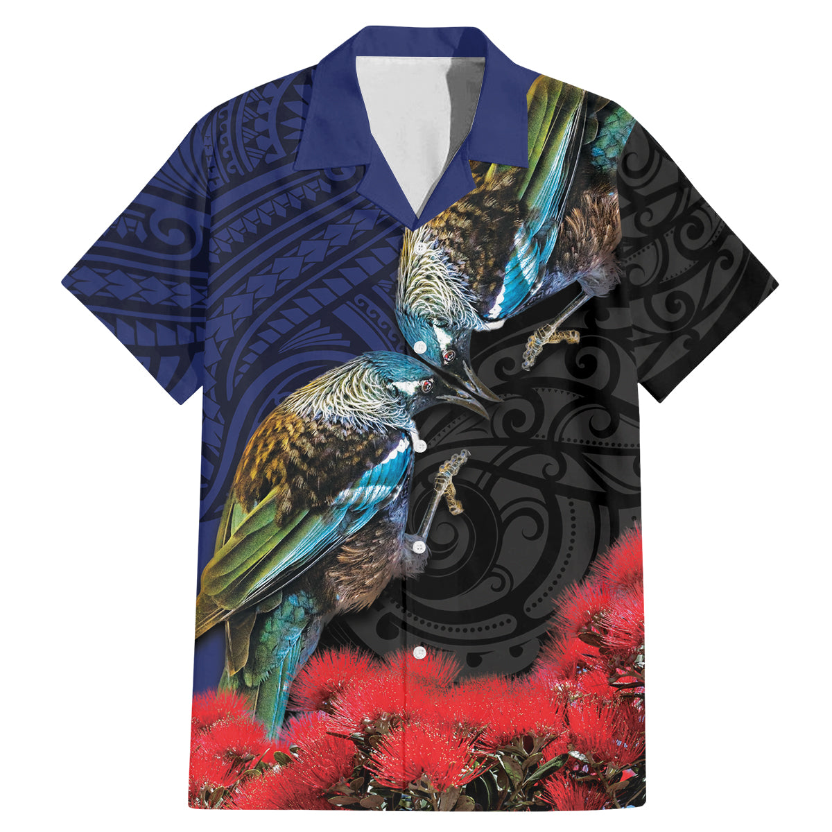 New Zealand Maori Hongi Culture Family Matching Mermaid Dress and Hawaiian Shirt Tui Bird Pohutukawa and Polynesian Pattern LT03 Dad's Shirt - Short Sleeve Blue - Polynesian Pride