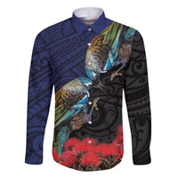 New Zealand Maori Hongi Culture Family Matching Off The Shoulder Long Sleeve Dress and Hawaiian Shirt Tui Bird Pohutukawa and Polynesian Pattern