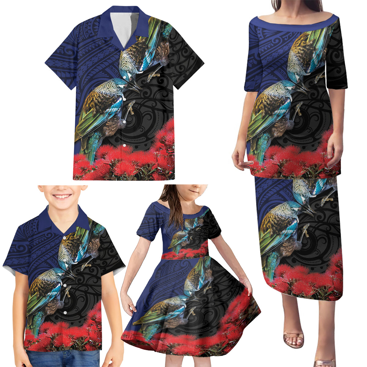 New Zealand Maori Hongi Culture Family Matching Puletasi and Hawaiian Shirt Tui Bird Pohutukawa and Polynesian Pattern LT03 - Polynesian Pride
