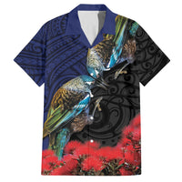 New Zealand Maori Hongi Culture Family Matching Puletasi and Hawaiian Shirt Tui Bird Pohutukawa and Polynesian Pattern LT03 Dad's Shirt - Short Sleeve Blue - Polynesian Pride