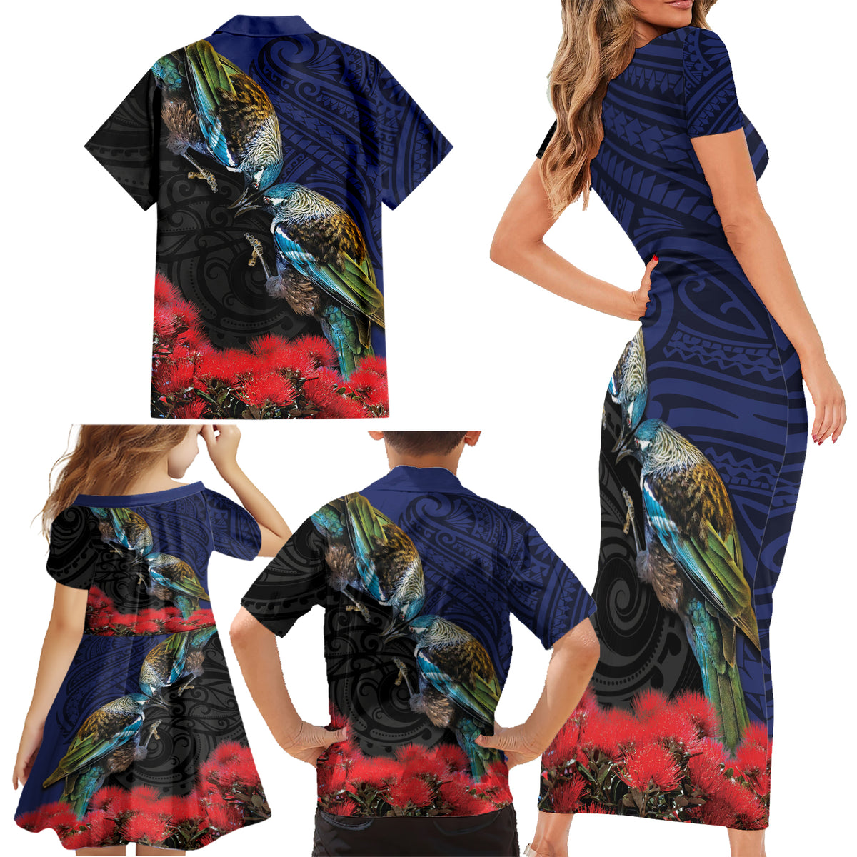 New Zealand Maori Hongi Culture Family Matching Short Sleeve Bodycon Dress and Hawaiian Shirt Tui Bird Pohutukawa and Polynesian Pattern LT03 - Polynesian Pride