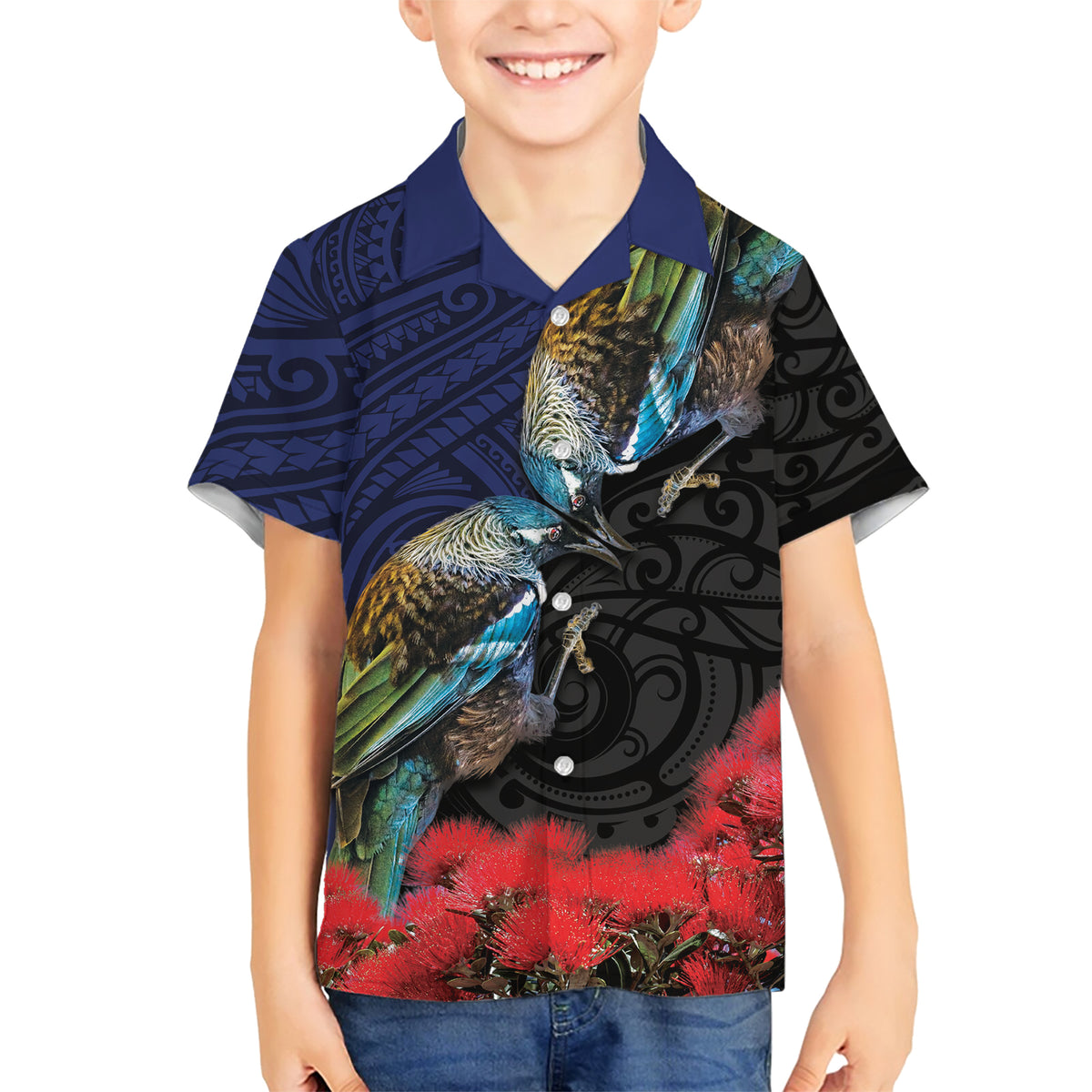 New Zealand Maori Hongi Culture Family Matching Short Sleeve Bodycon Dress and Hawaiian Shirt Tui Bird Pohutukawa and Polynesian Pattern LT03 Son's Shirt Blue - Polynesian Pride