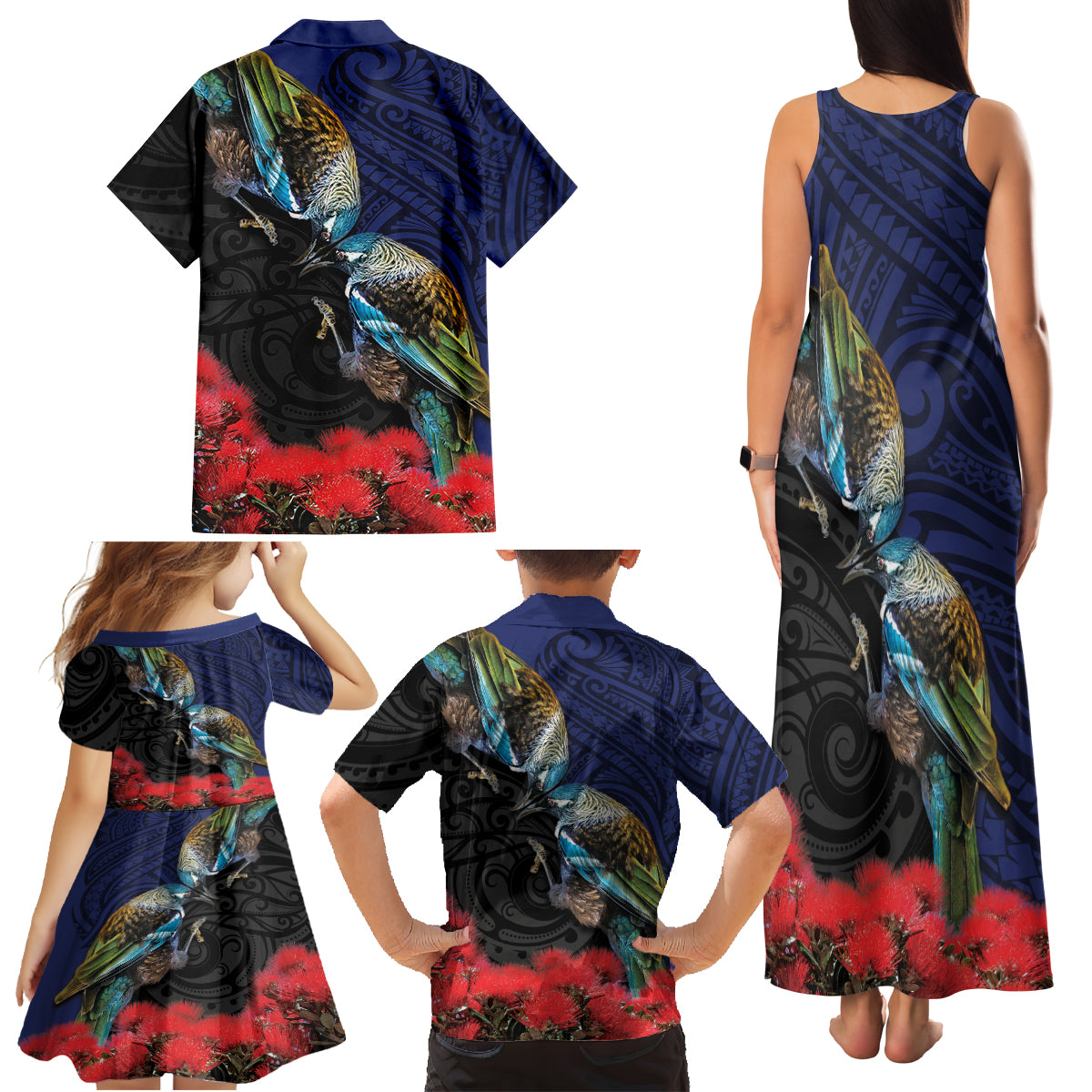 New Zealand Maori Hongi Culture Family Matching Tank Maxi Dress and Hawaiian Shirt Tui Bird Pohutukawa and Polynesian Pattern