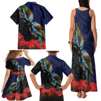 New Zealand Maori Hongi Culture Family Matching Tank Maxi Dress and Hawaiian Shirt Tui Bird Pohutukawa and Polynesian Pattern
