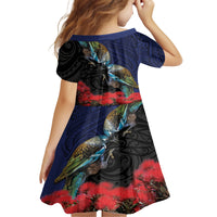 New Zealand Maori Hongi Culture Kid Short Sleeve Dress Tui Bird Pohutukawa and Polynesian Pattern LT03 - Polynesian Pride