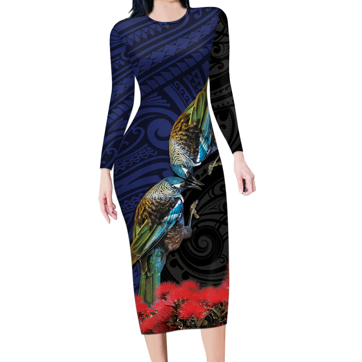 New Zealand Maori Hongi Culture Long Sleeve Bodycon Dress Tui Bird Pohutukawa and Polynesian Pattern LT03 Long Dress Blue - Polynesian Pride
