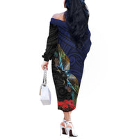 New Zealand Maori Hongi Culture Off The Shoulder Long Sleeve Dress Tui Bird Pohutukawa and Polynesian Pattern LT03 - Polynesian Pride