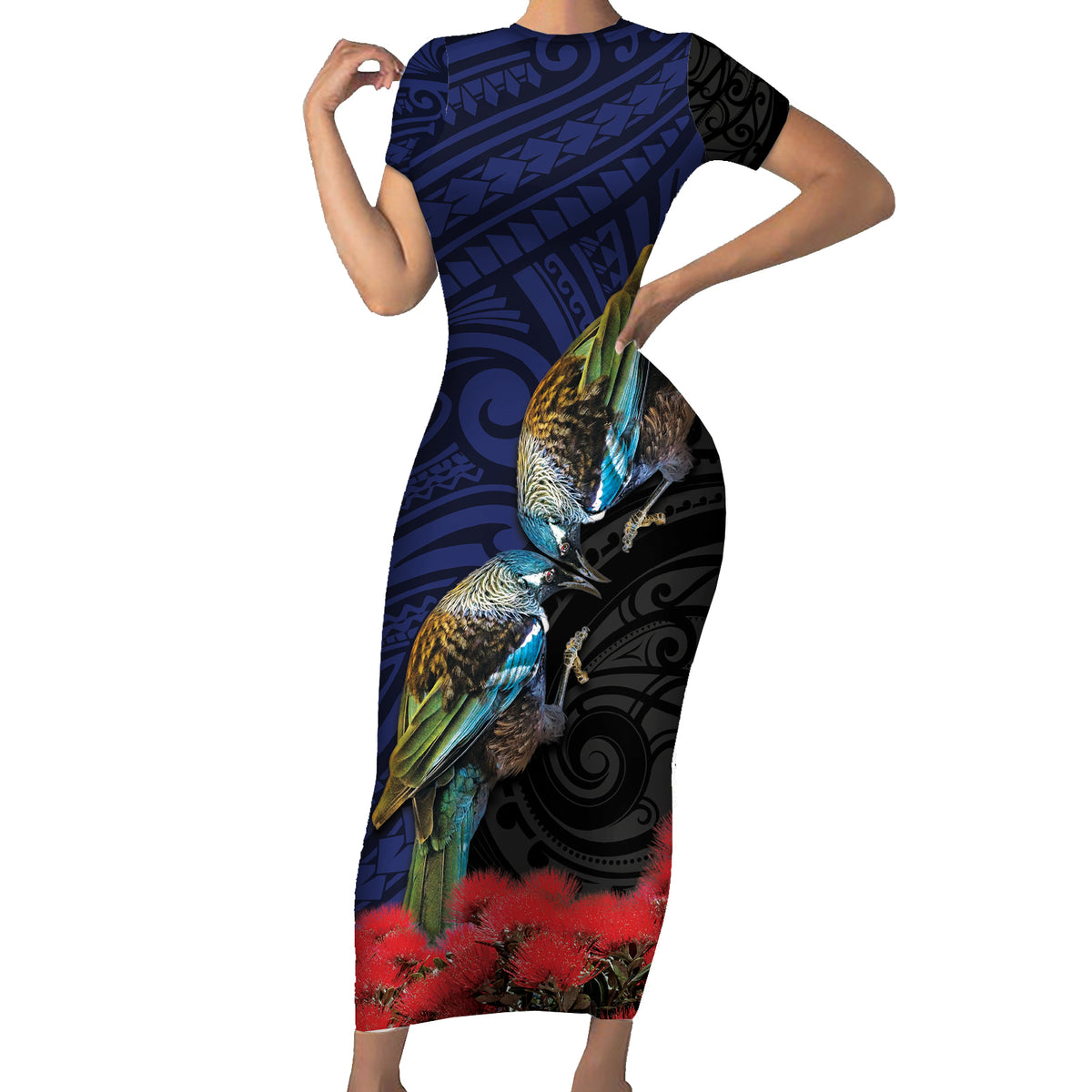 New Zealand Maori Hongi Culture Short Sleeve Bodycon Dress Tui Bird Pohutukawa and Polynesian Pattern LT03 Long Dress Blue - Polynesian Pride