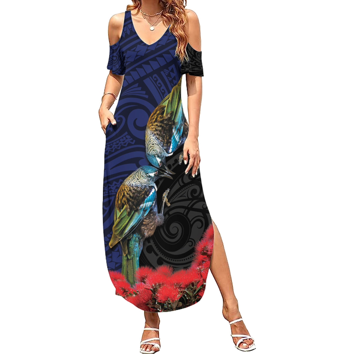 New Zealand Maori Hongi Culture Summer Maxi Dress Tui Bird Pohutukawa and Polynesian Pattern