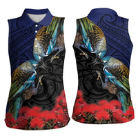 New Zealand Maori Hongi Culture Women Sleeveless Polo Shirt Tui Bird Pohutukawa and Polynesian Pattern