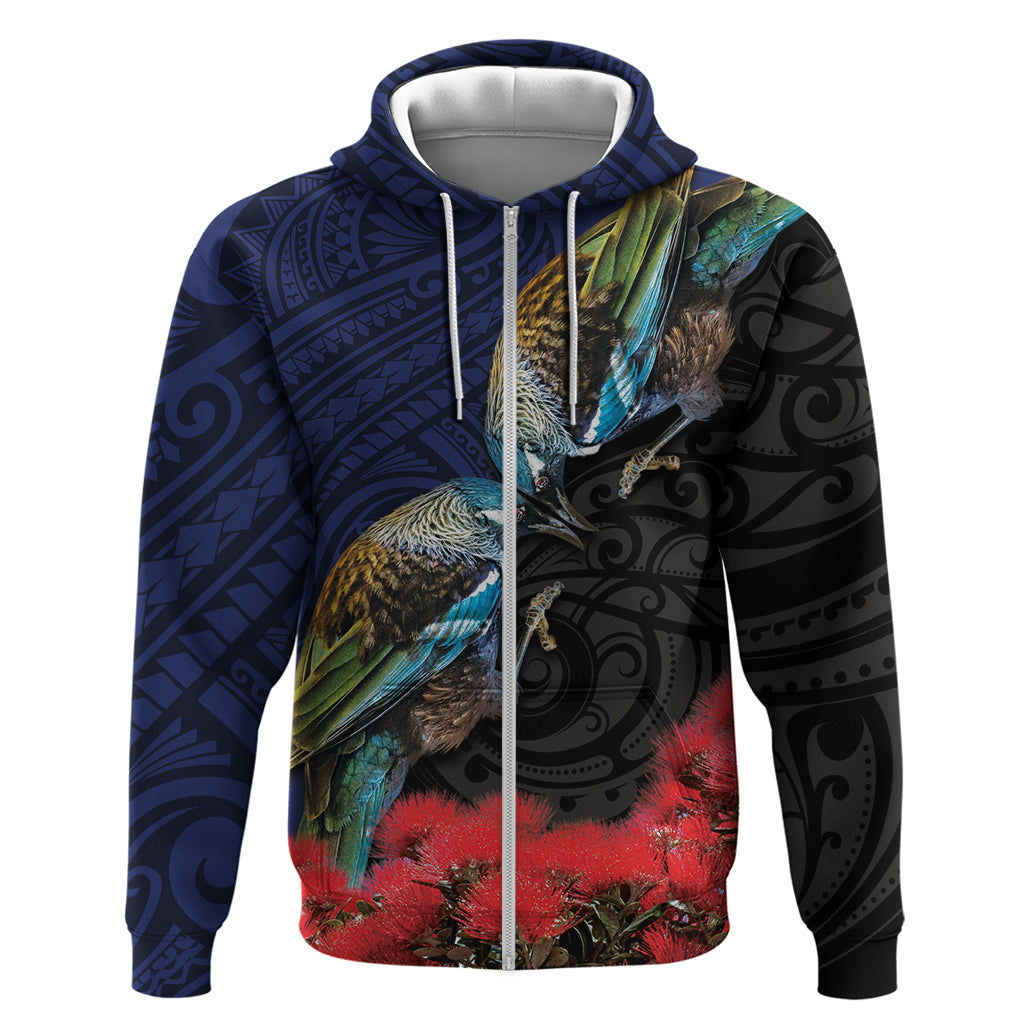 New Zealand Maori Hongi Culture Zip Hoodie Tui Bird Pohutukawa and Polynesian Pattern