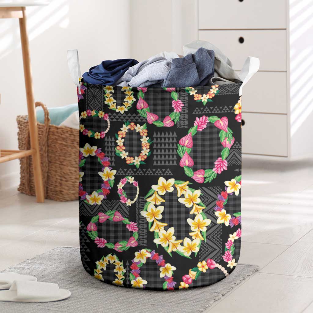 Hawaiian Kakau Tattoo Leis and Palaka Pattern Laundry Basket Traditional Aloha Tribal Black Color