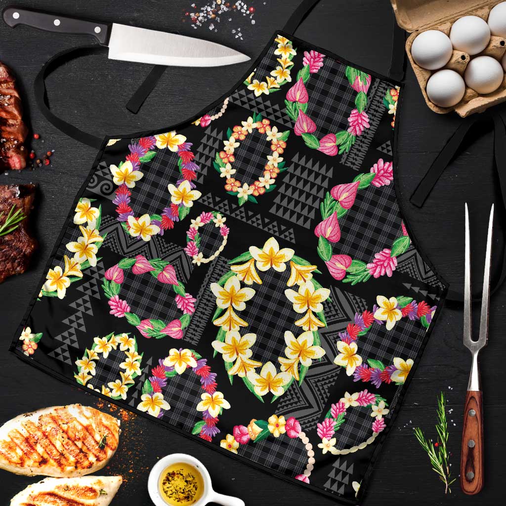 Hawaiian Kakau Tattoo Leis and Palaka Pattern Apron Traditional Aloha Tribal Black Color