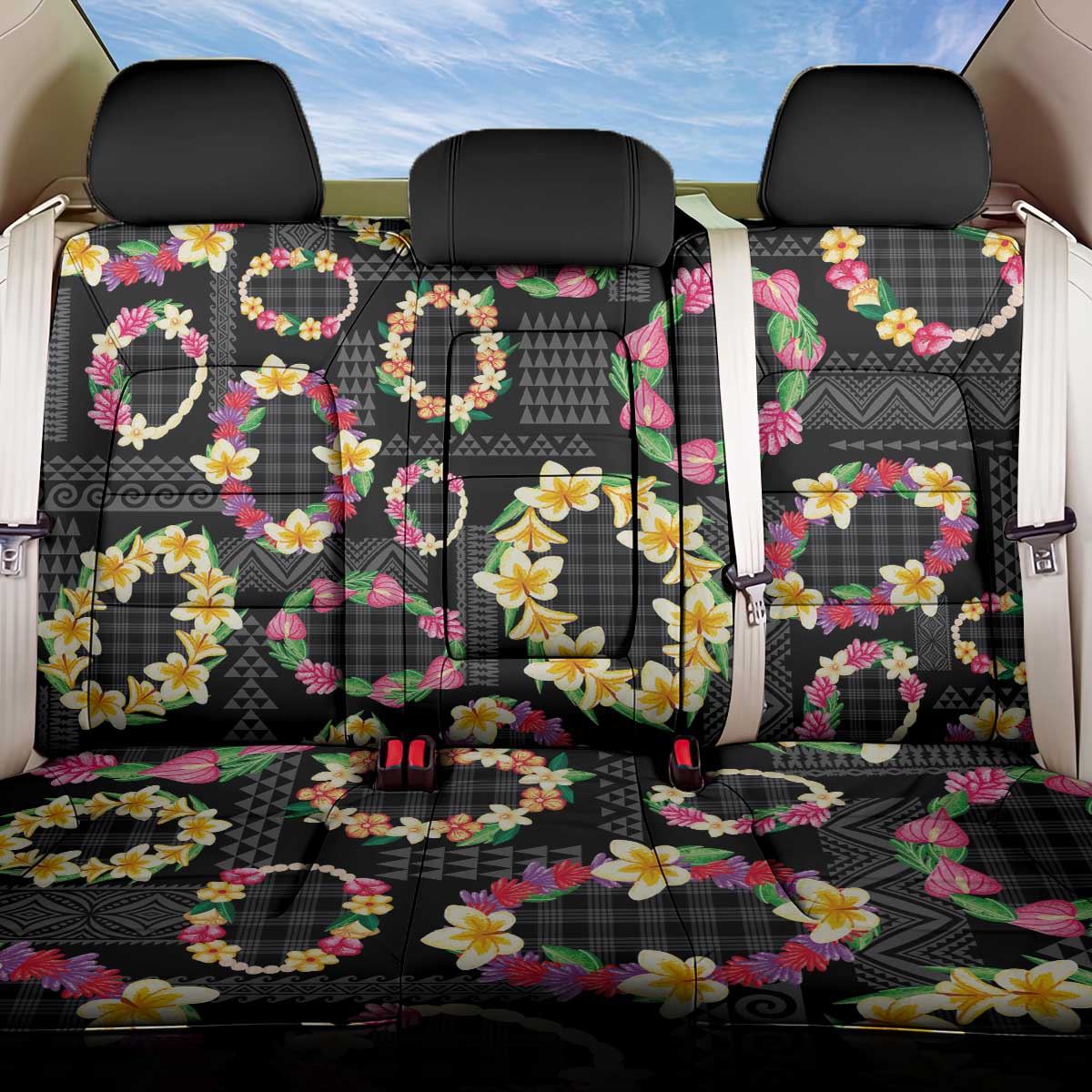 Hawaiian Kakau Tattoo Leis and Palaka Pattern Back Car Seat Cover Traditional Aloha Tribal Black Color