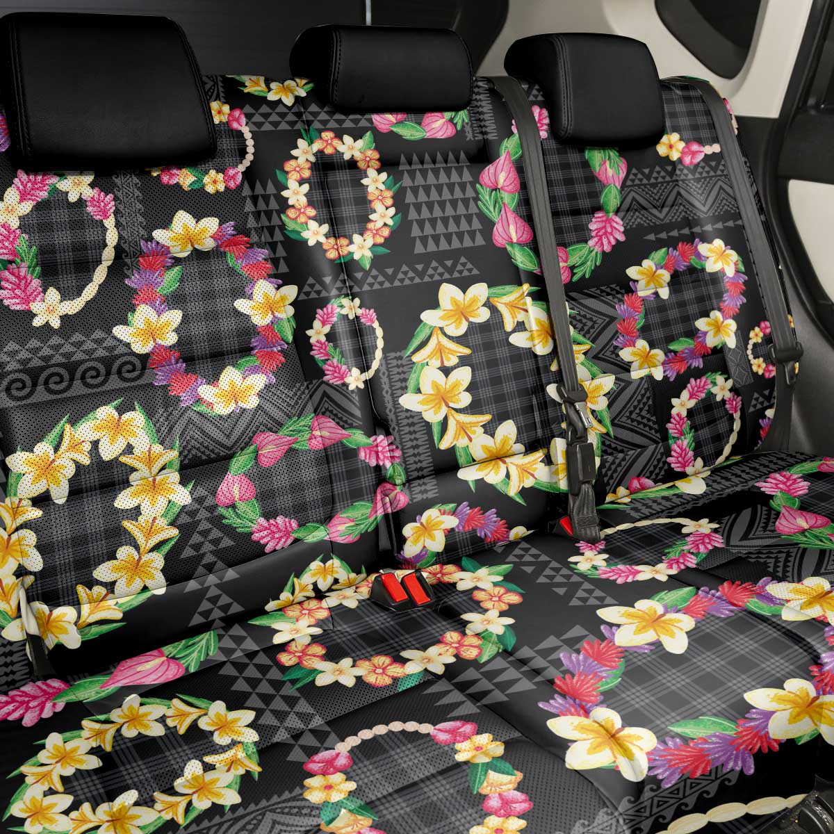 Hawaiian Kakau Tattoo Leis and Palaka Pattern Back Car Seat Cover Traditional Aloha Tribal Black Color
