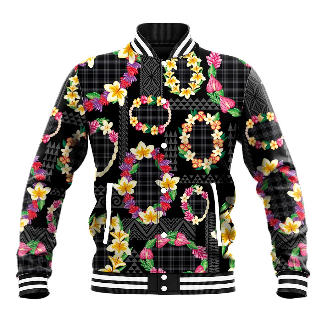 Hawaiian Kakau Tattoo Leis and Palaka Pattern Baseball Jacket Traditional Aloha Tribal Black Color