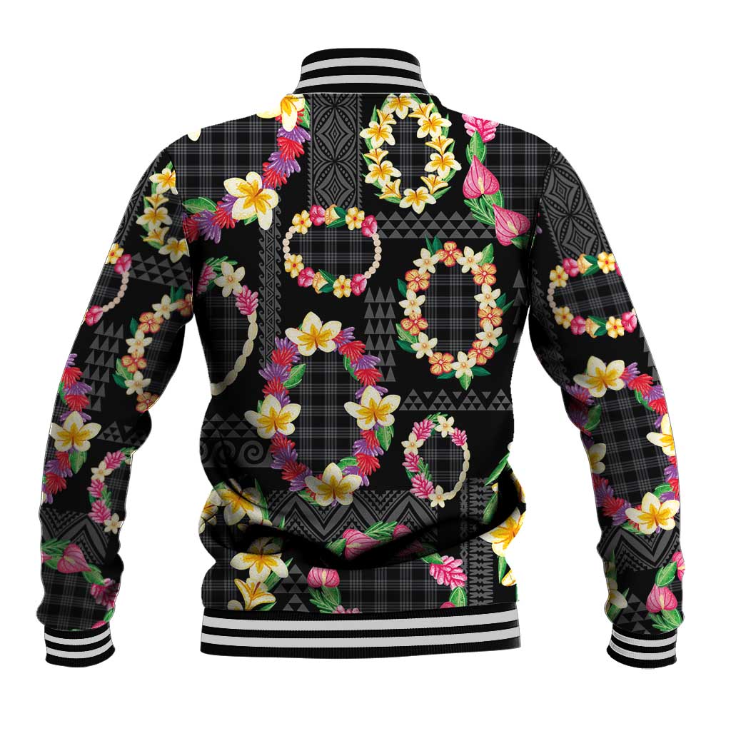 Hawaiian Kakau Tattoo Leis and Palaka Pattern Baseball Jacket Traditional Aloha Tribal Black Color