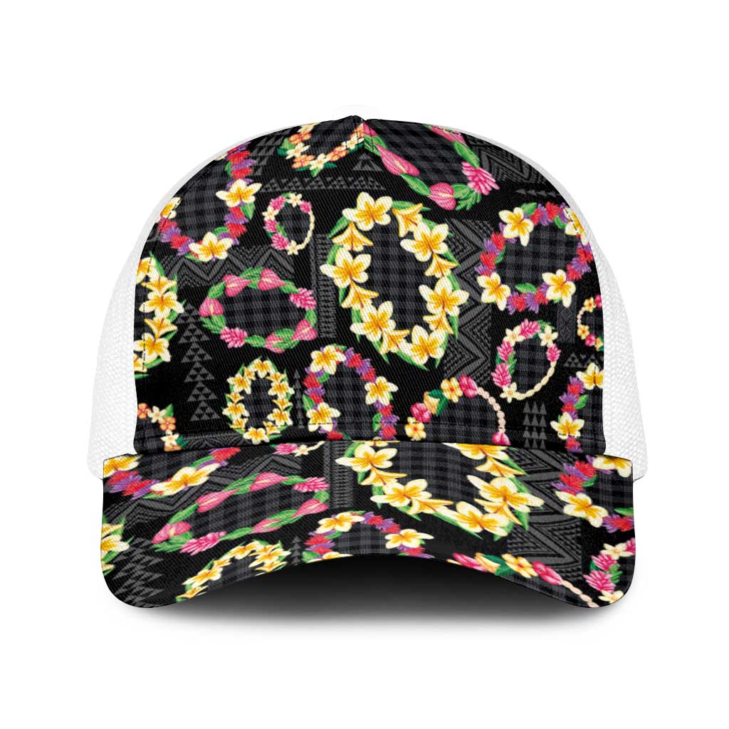 Hawaiian Kakau Tattoo Leis and Palaka Pattern Baseball Net Cap Traditional Aloha Tribal Black Color