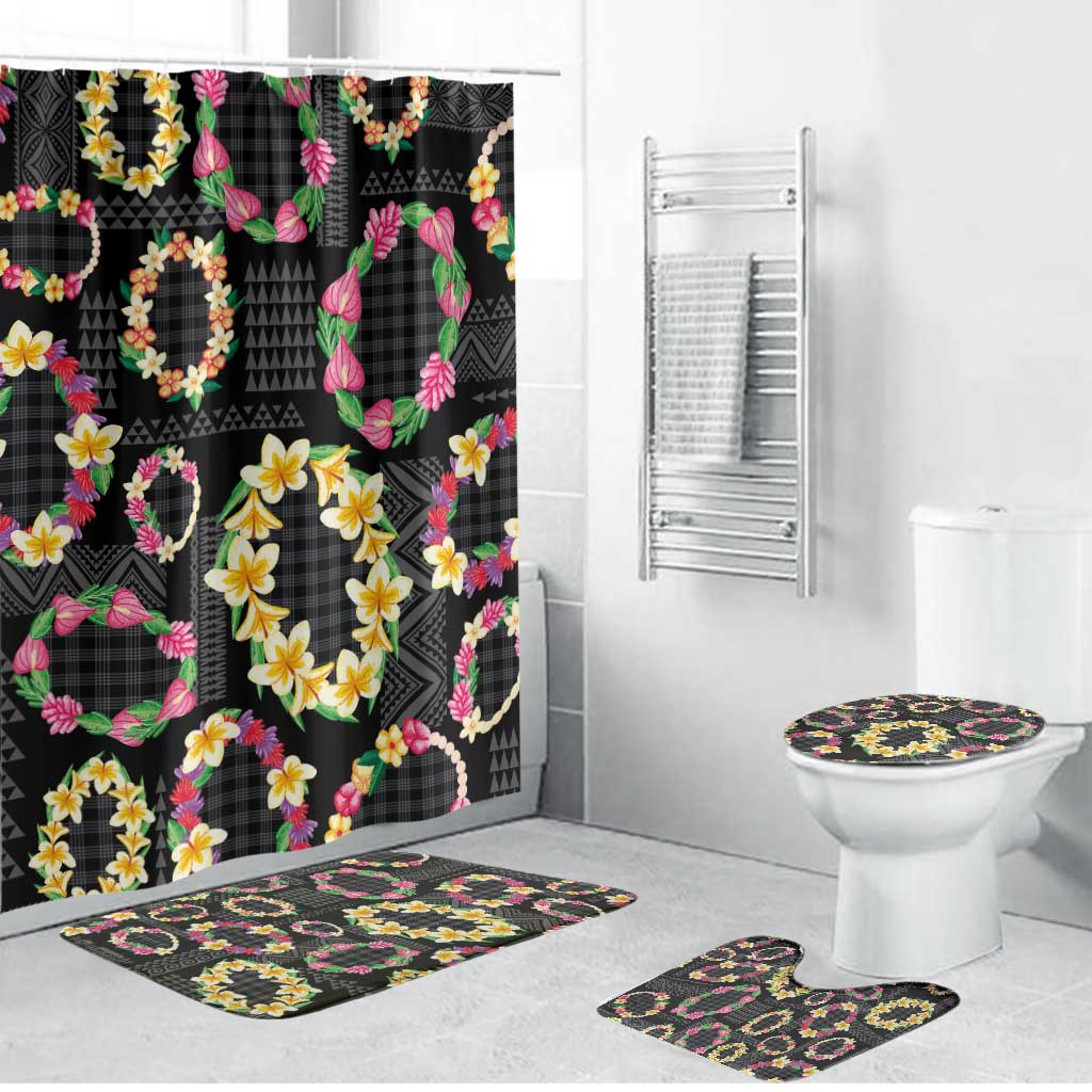 Hawaiian Kakau Tattoo Leis and Palaka Pattern Bathroom Set Traditional Aloha Tribal Black Color