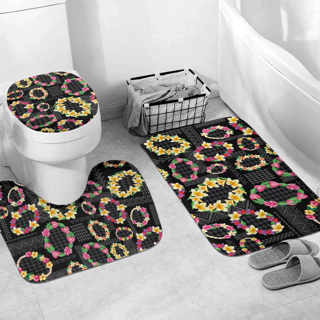 Hawaiian Kakau Tattoo Leis and Palaka Pattern Bathroom Set Traditional Aloha Tribal Black Color