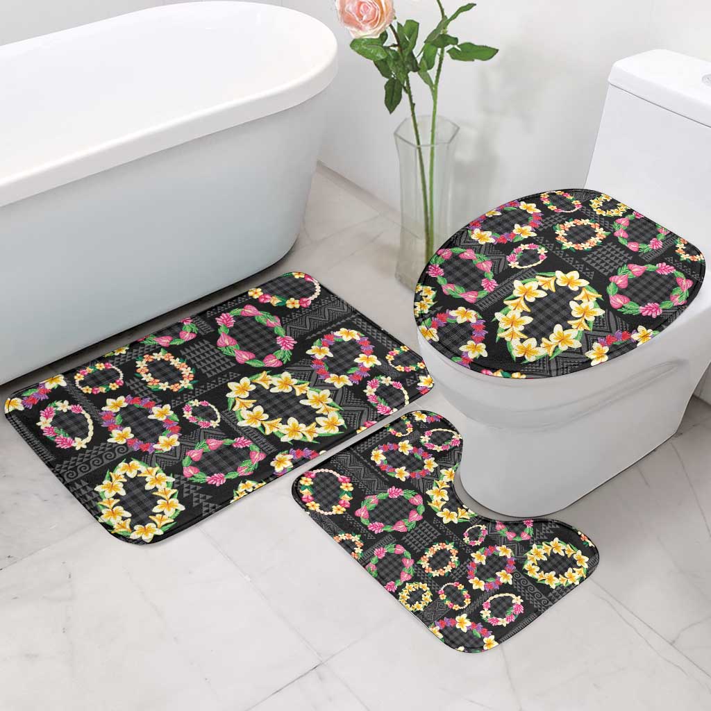 Hawaiian Kakau Tattoo Leis and Palaka Pattern Bathroom Set Traditional Aloha Tribal Black Color