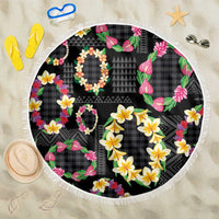 Hawaiian Kakau Tattoo Leis and Palaka Pattern Beach Blanket Traditional Aloha Tribal Black Color