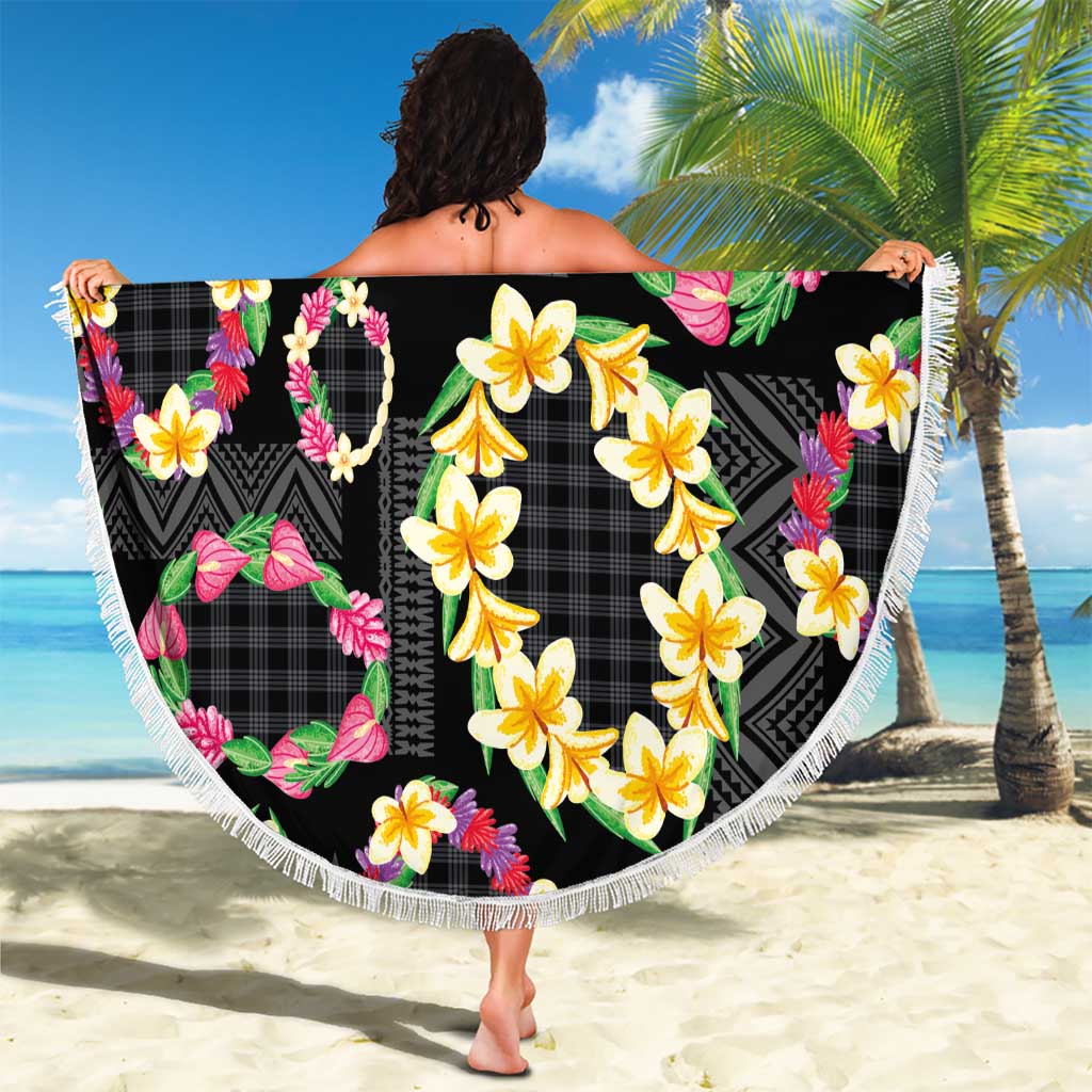 Hawaiian Kakau Tattoo Leis and Palaka Pattern Beach Blanket Traditional Aloha Tribal Black Color