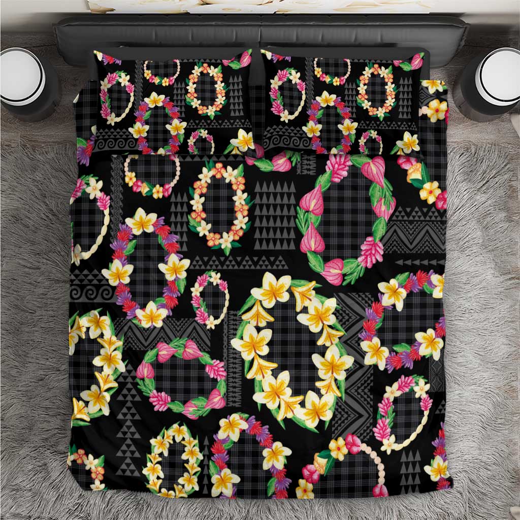 Hawaiian Kakau Tattoo Leis and Palaka Pattern Bedding Set Traditional Aloha Tribal Black Color