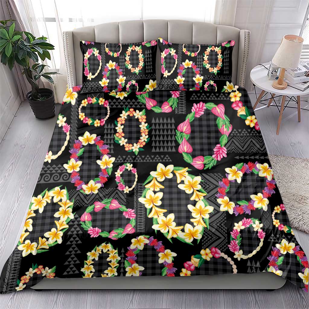 Hawaiian Kakau Tattoo Leis and Palaka Pattern Bedding Set Traditional Aloha Tribal Black Color