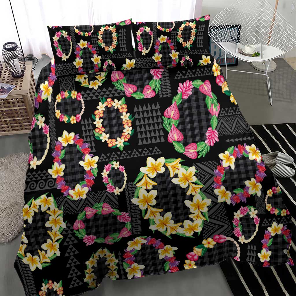Hawaiian Kakau Tattoo Leis and Palaka Pattern Bedding Set Traditional Aloha Tribal Black Color