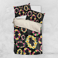 Hawaiian Kakau Tattoo Leis and Palaka Pattern Bedding Set Traditional Aloha Tribal Black Color