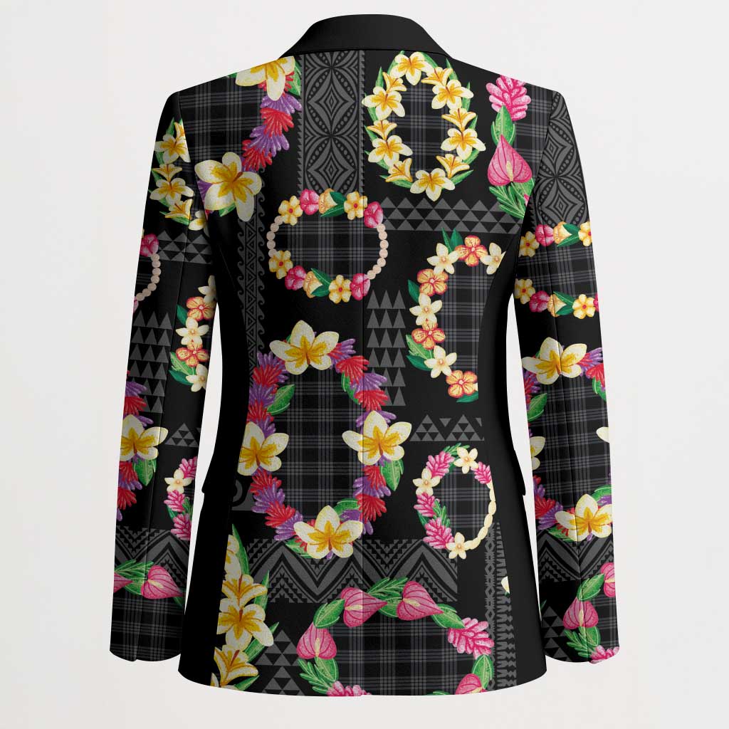 Hawaiian Kakau Tattoo Leis and Palaka Pattern Blazer Traditional Aloha Tribal Black Color