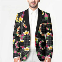 Hawaiian Kakau Tattoo Leis and Palaka Pattern Blazer Traditional Aloha Tribal Black Color