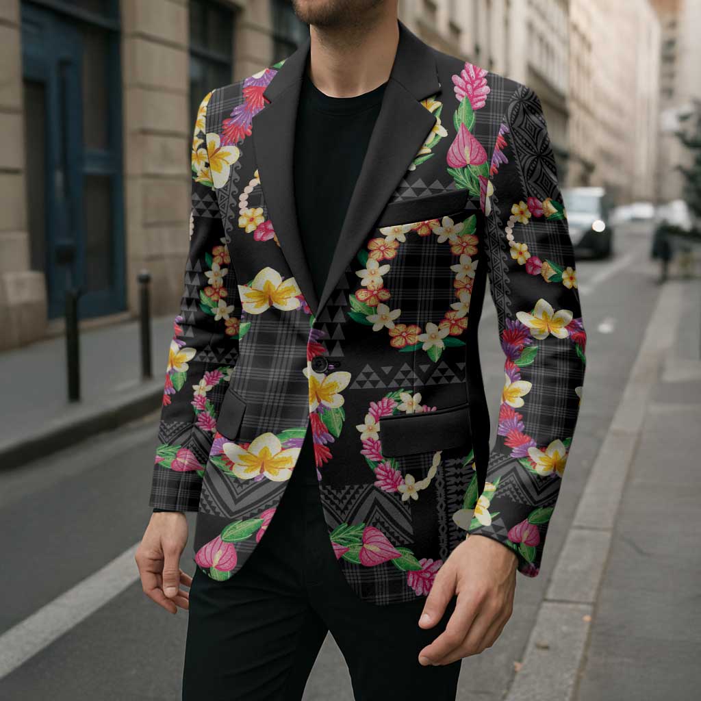 Hawaiian Kakau Tattoo Leis and Palaka Pattern Blazer Traditional Aloha Tribal Black Color