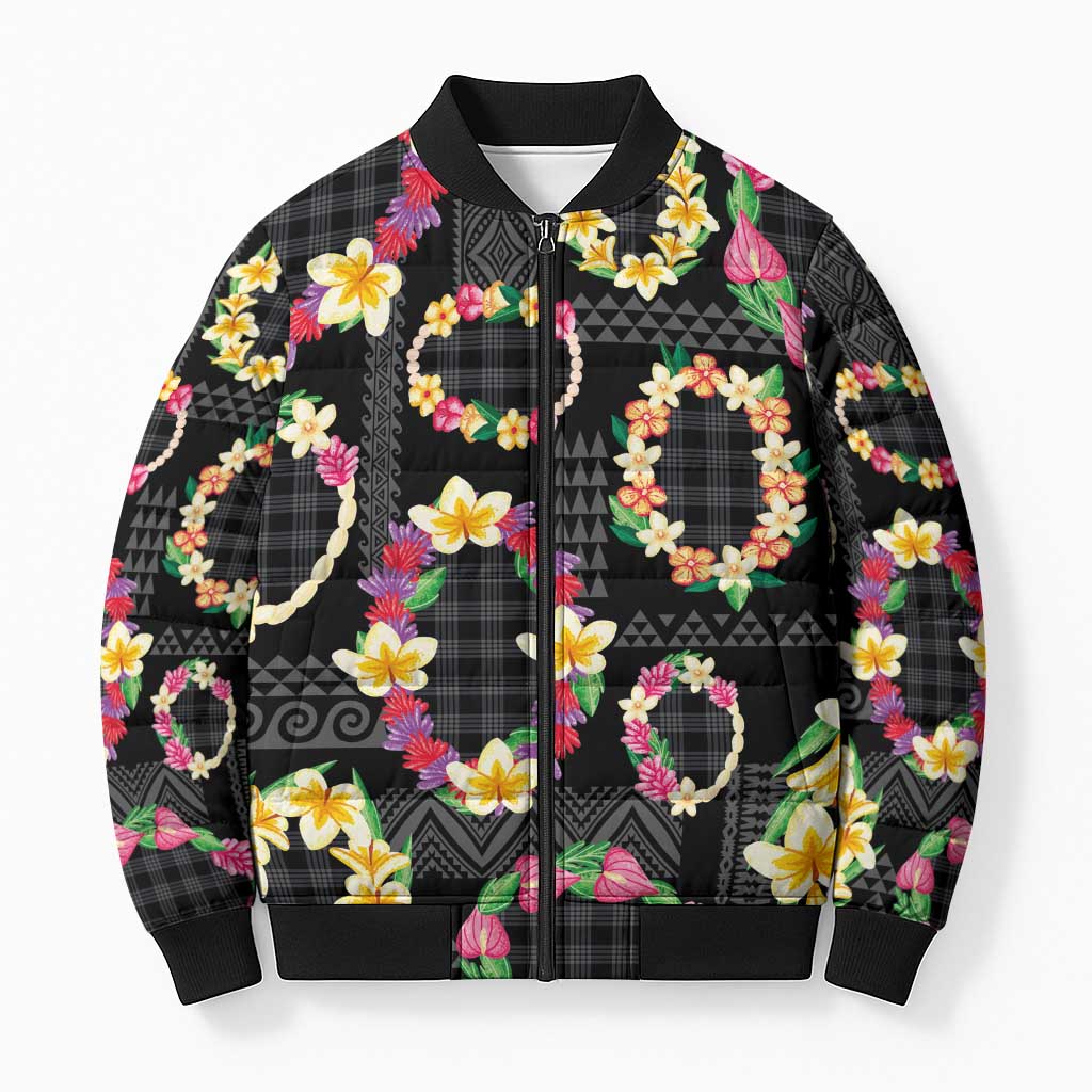 Hawaiian Kakau Tattoo Leis and Palaka Pattern Bomber Puffer Jacket Traditional Aloha Tribal Black Color