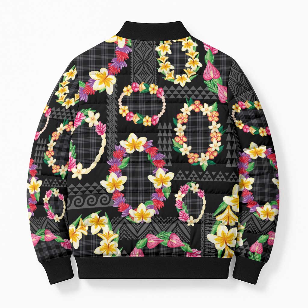 Hawaiian Kakau Tattoo Leis and Palaka Pattern Bomber Puffer Jacket Traditional Aloha Tribal Black Color