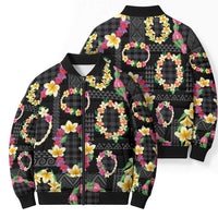 Hawaiian Kakau Tattoo Leis and Palaka Pattern Bomber Puffer Jacket Traditional Aloha Tribal Black Color