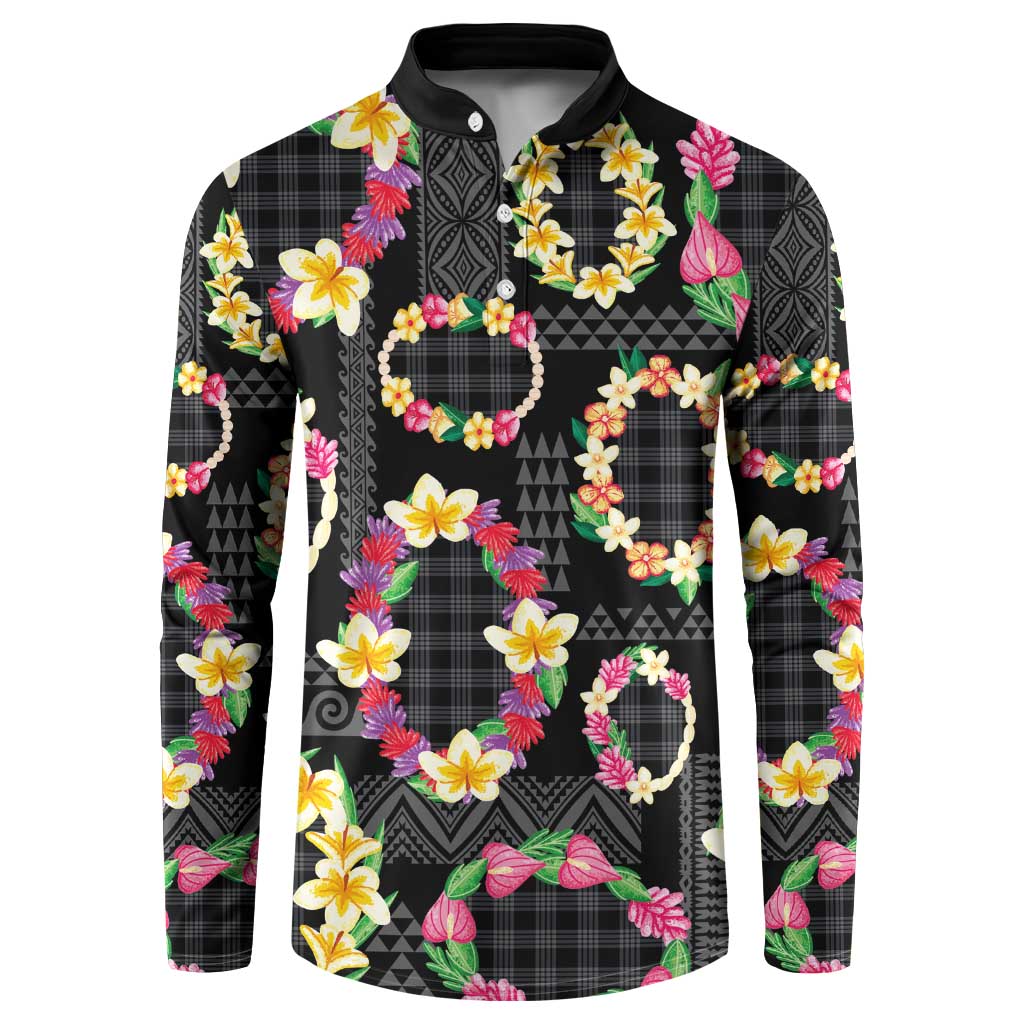 Hawaiian Kakau Tattoo Leis and Palaka Pattern Button Sweatshirt Traditional Aloha Tribal Black Color