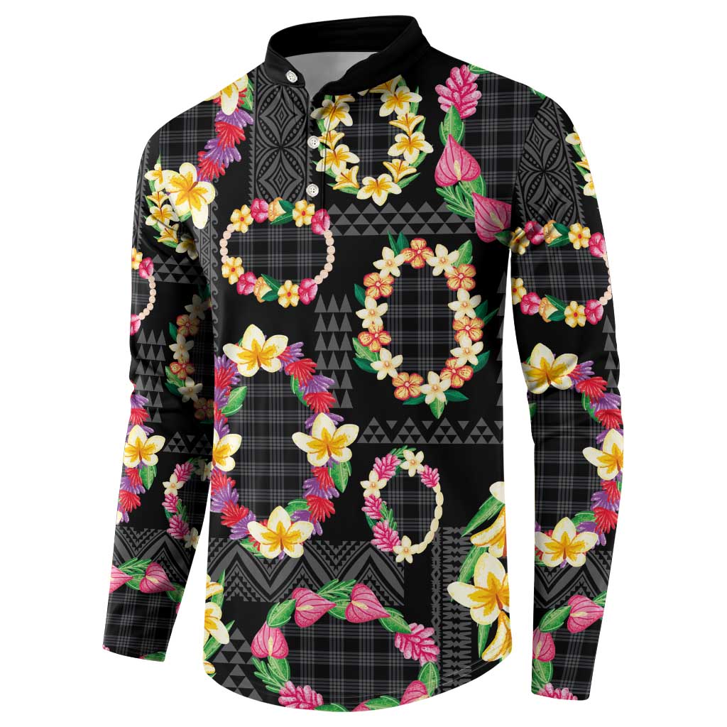Hawaiian Kakau Tattoo Leis and Palaka Pattern Button Sweatshirt Traditional Aloha Tribal Black Color
