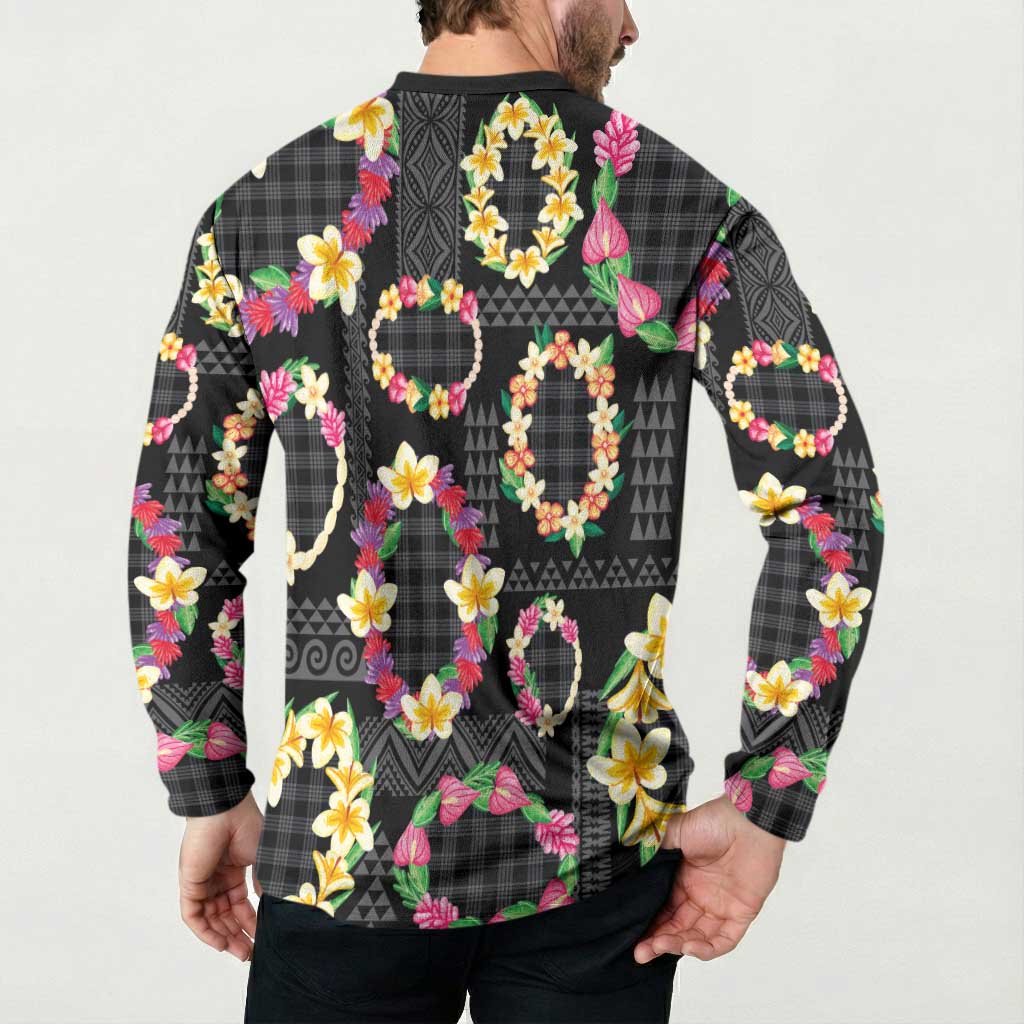 Hawaiian Kakau Tattoo Leis and Palaka Pattern Button Sweatshirt Traditional Aloha Tribal Black Color