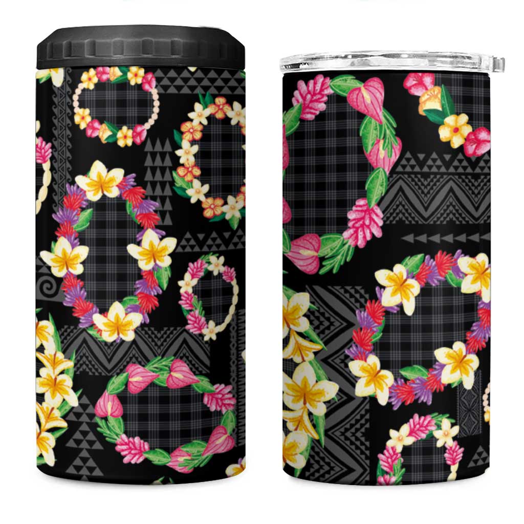 Hawaiian Kakau Tattoo Leis and Palaka Pattern 4 in 1 Can Cooler Tumbler Traditional Aloha Tribal Black Color