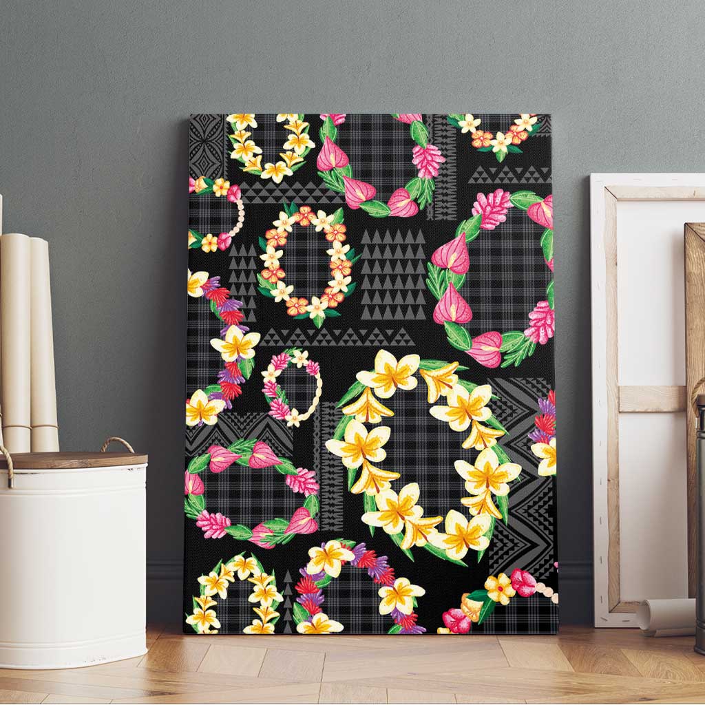 Hawaiian Kakau Tattoo Leis and Palaka Pattern Canvas Wall Art Traditional Aloha Tribal Black Color