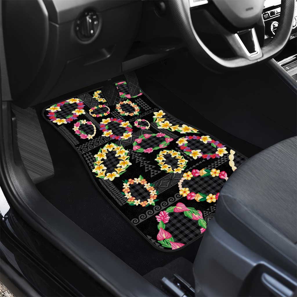 Hawaiian Kakau Tattoo Leis and Palaka Pattern Car Mats Traditional Aloha Tribal Black Color