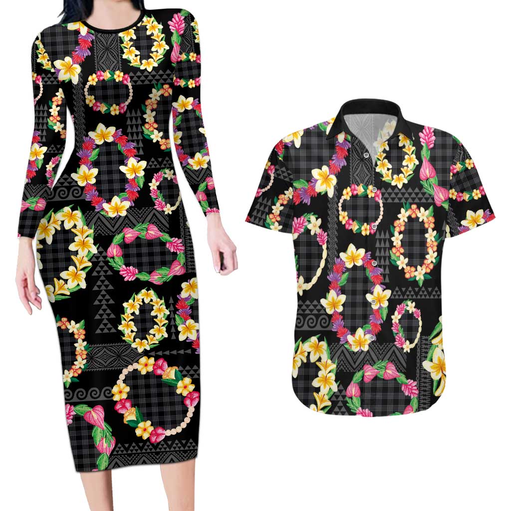 Hawaiian Kakau Tattoo Leis and Palaka Pattern Couples Matching Long Sleeve Bodycon Dress and Hawaiian Shirt Traditional Aloha Tribal Black Color LT03 Black - Polynesian Pride